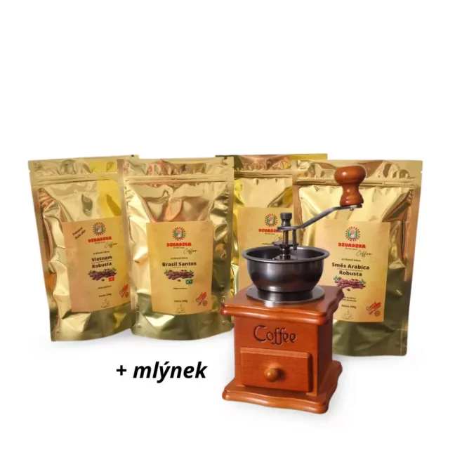 Speciální balíček zrnkové kávy + retro mlýnek na kávu